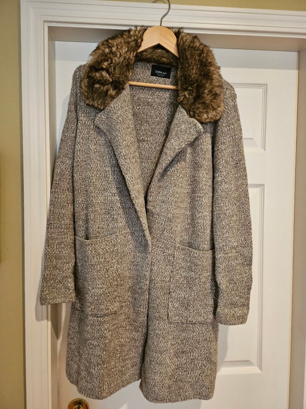 Zara Knit Long Coat with Faux Fur Collar Size S